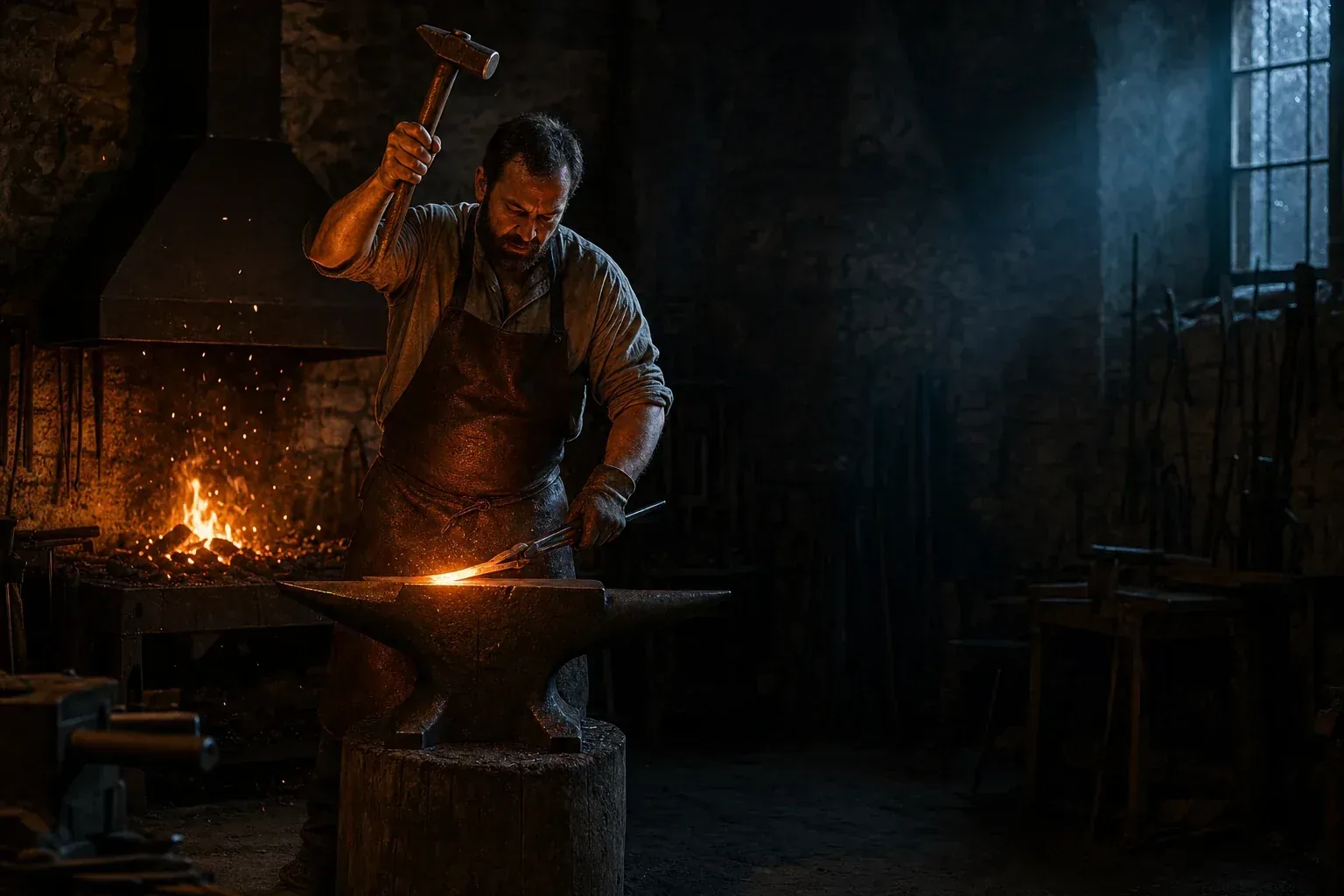A blacksmith raises his hammer over white-hot steel at the anvil